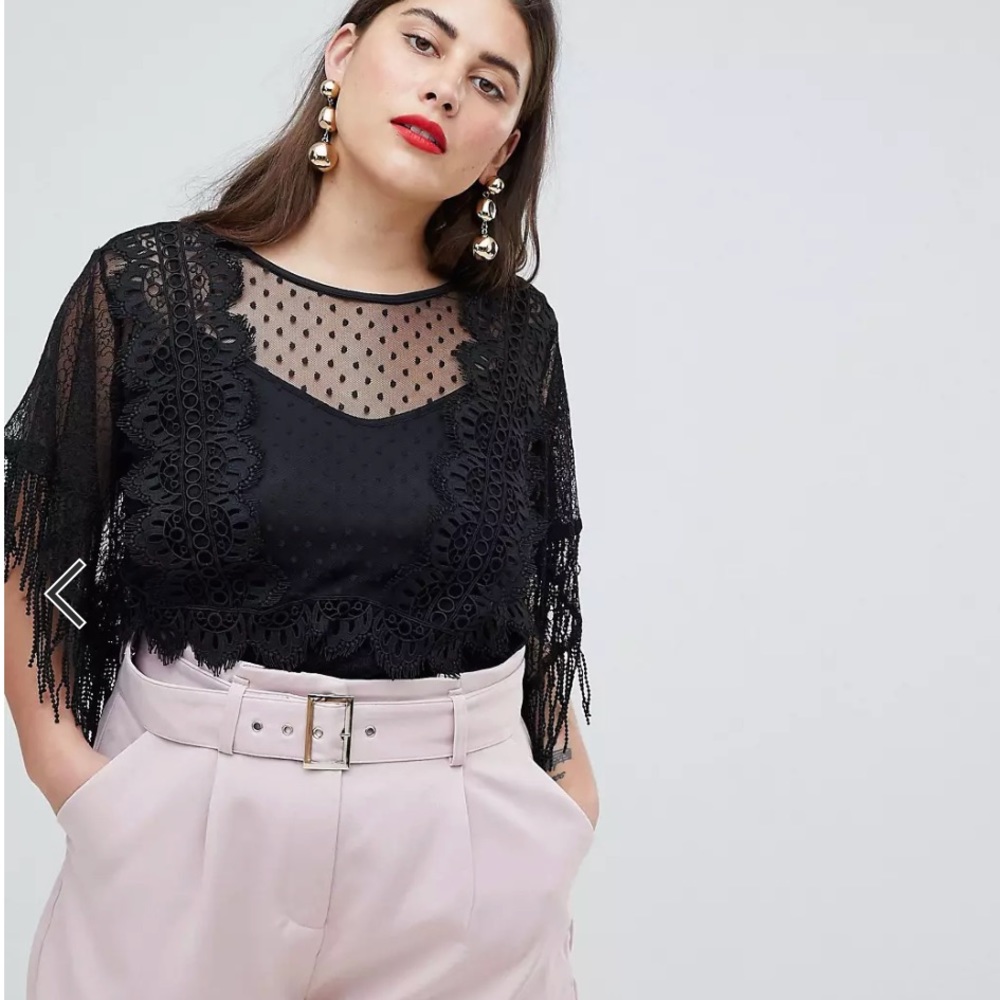 Lost Ink Plus Top With Fringe Sleeves In Mixed Lace